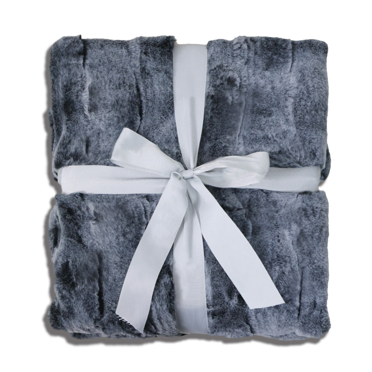 A neatly folded gray plush blanket with a soft, fluffy texture, elegantly wrapped with a wide white satin ribbon that crosses horizontally and vertically, tied into a bow at the center. The clean white background highlights the blanket's premium quality and gift-ready packaging, featuring a sophisticated gray-and-white color palette that exudes warmth and elegance.