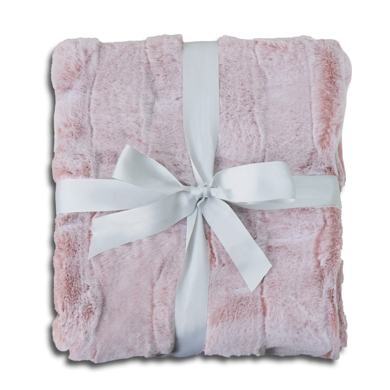 A folded soft pink plush blanket with delicate fluffy texture, elegantly wrapped with a wide white satin ribbon and tied into a bow at the center. The clean white background emphasizes the item's warmth and coziness, creating a gift-ready presentation with a harmonious pink-and-white color scheme.