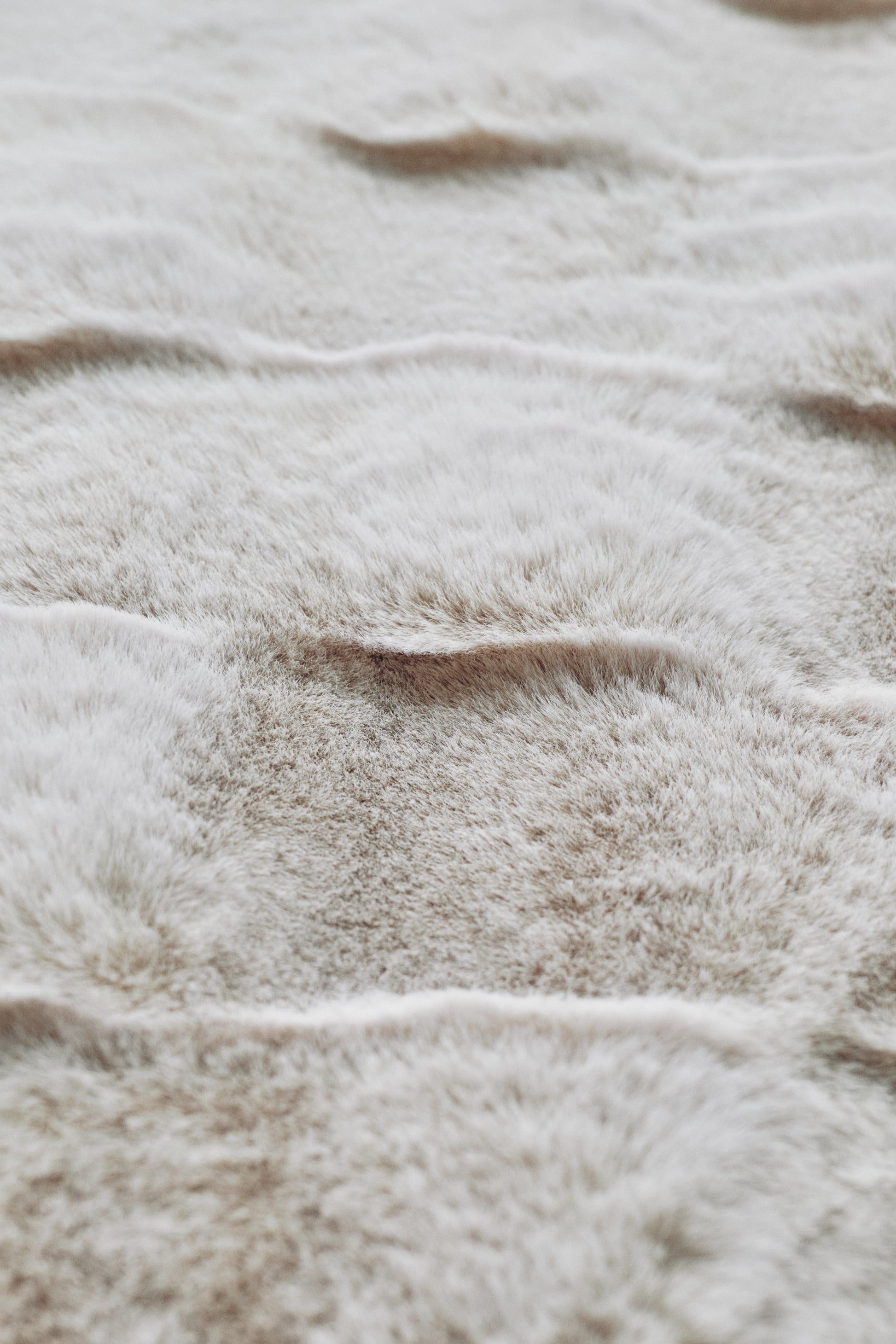 A plush beige blanket with seamless color gradations and a fur-like texture, embracing minimalist elegance through its unadorned, natural aesthetic.