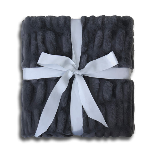 A folded dark gray textured blanket tied with a light gray satin ribbon bow.
