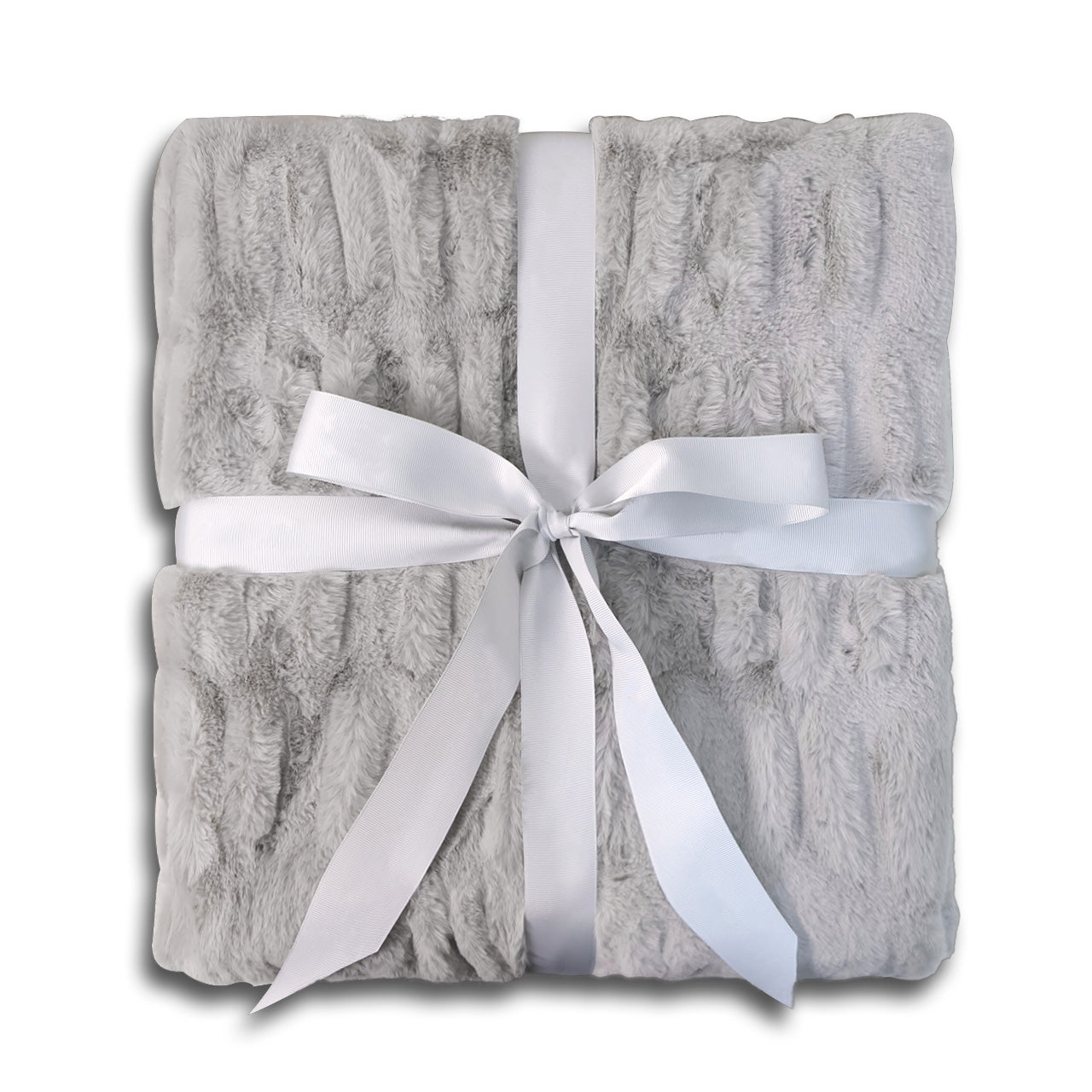 A folded gray plush blanket tied with a white satin ribbon bow.
