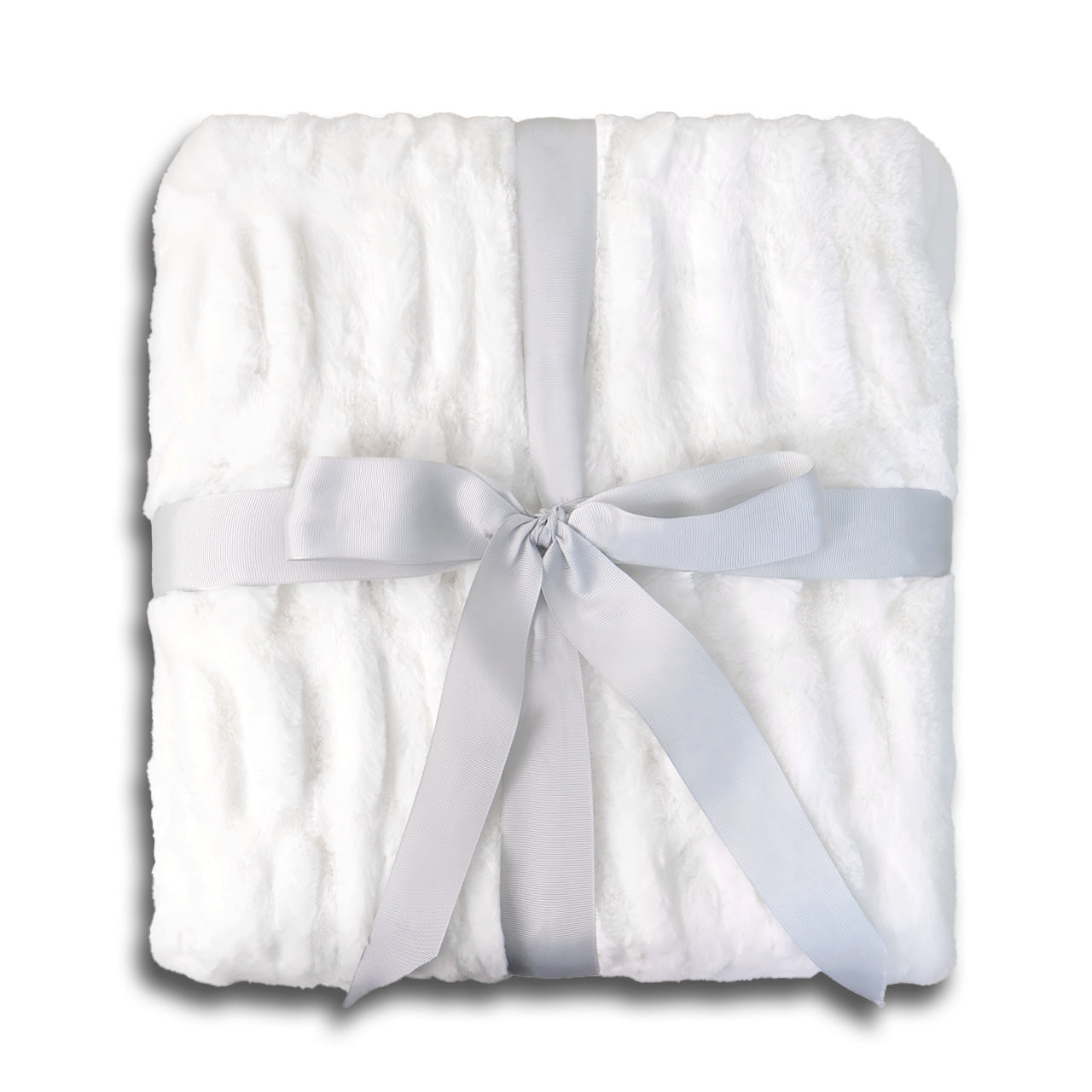 A white textured blanket folded with a light gray satin ribbon bow in the center.